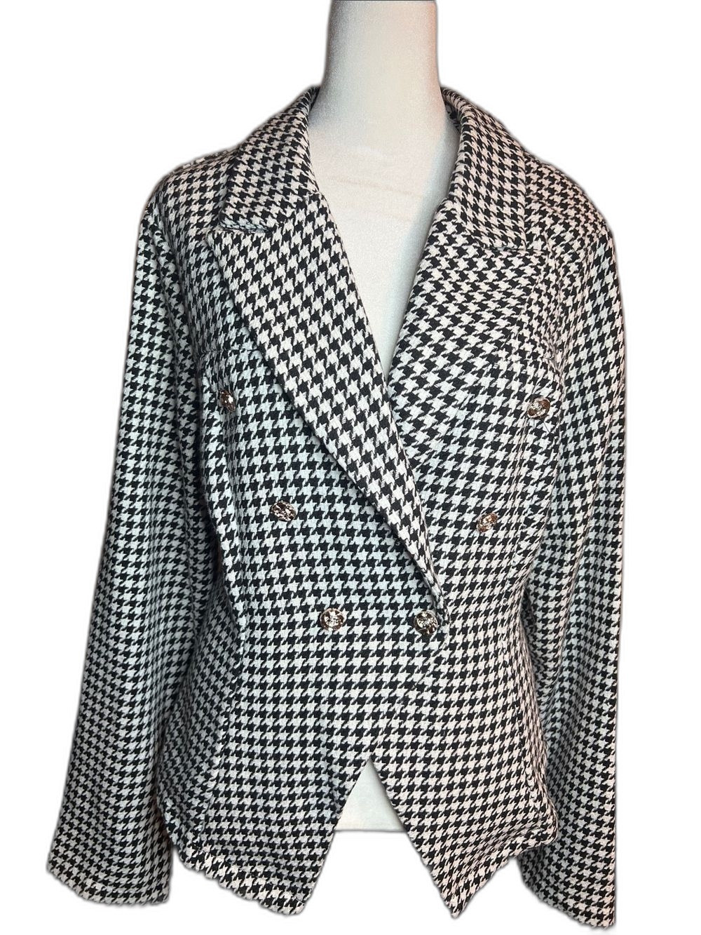 Double-Breasted Houndstooth Blazer Jacket - Black & White Size XL